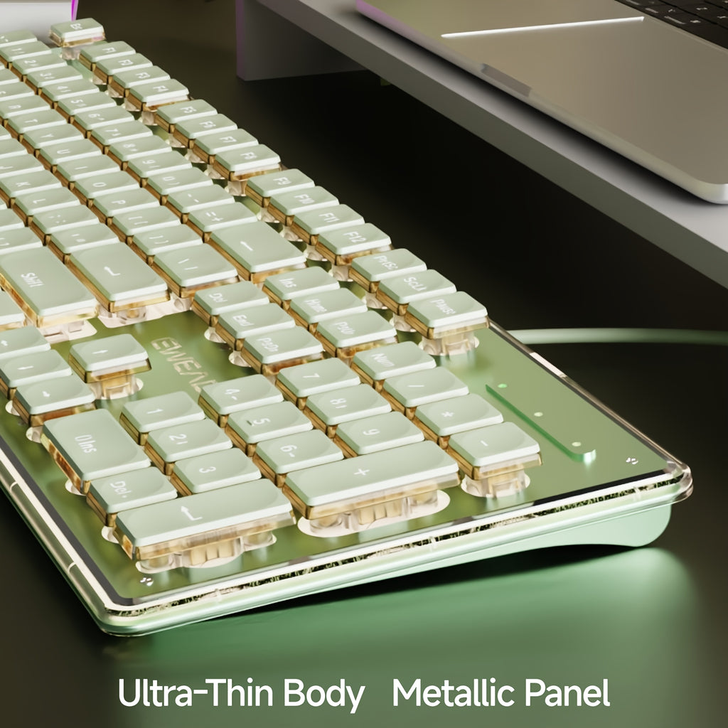 EWEADN V3 Wired Office Keyboard, Full Size 104 Quiet Keys, Comfortable Typing with Pudding-Style Keycaps, Durable All-Metal Panel, Soft LED Backlight, Ergonomic Design for Daily Work & Home Office Green