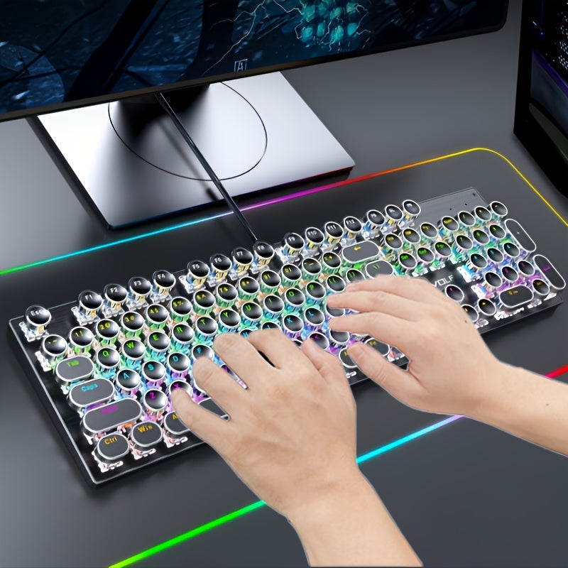 Retro-Style Wired Gaming Keyboard Featuring a Metal Top, 104 Keys with Round Keycaps, And 9 Different Lighting Modes, Suitable for Both Gaming And Office Use, No Batteries Needed