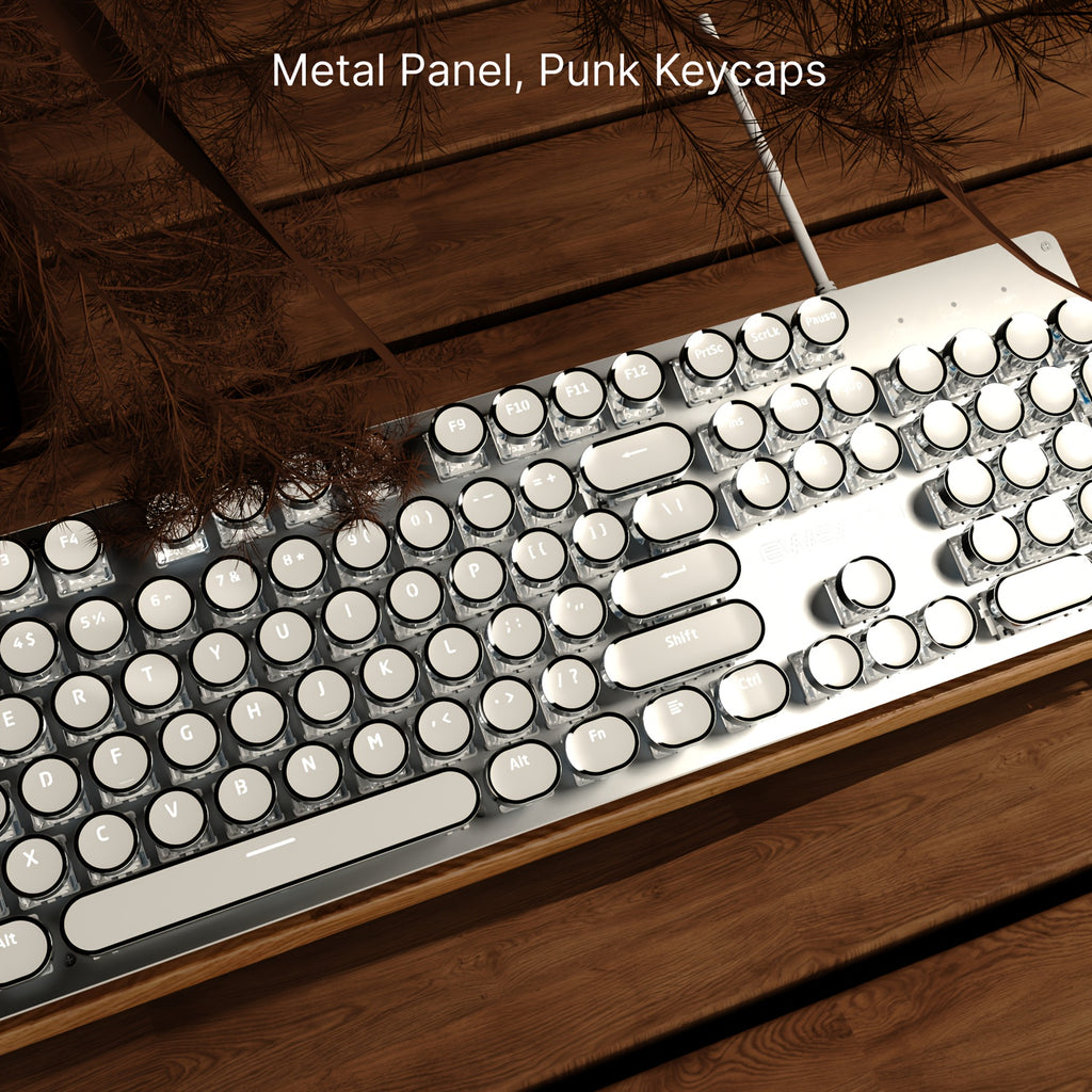EWEADN Punk Typewriter Mechanical Gaming Keyboard • All-Metal Panel • 104Keys Wired • Punk Round Keycaps with LED Backlit • USB Wired Keyboards for Game and Office • for Windows Laptop PC • White Blue Switches