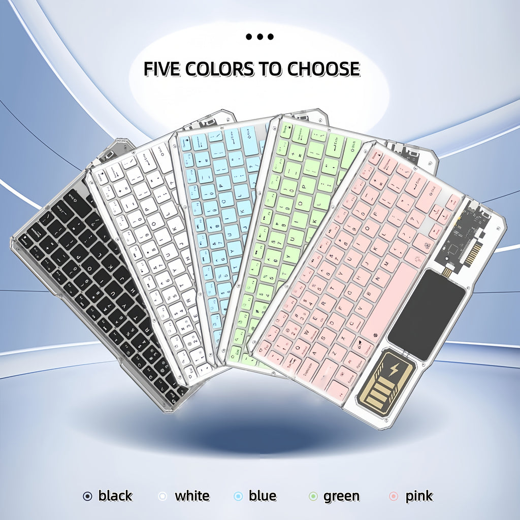 Mechanical Street Style Wireless Keyboard and Mouse That Features Transparent Acrylic Design, RGB Backlighting, And Multi-touch Touchpad.Support 10-inch Compact Mini Size with Triple-channel Connectivity.Simultaneously Pairs with Phone