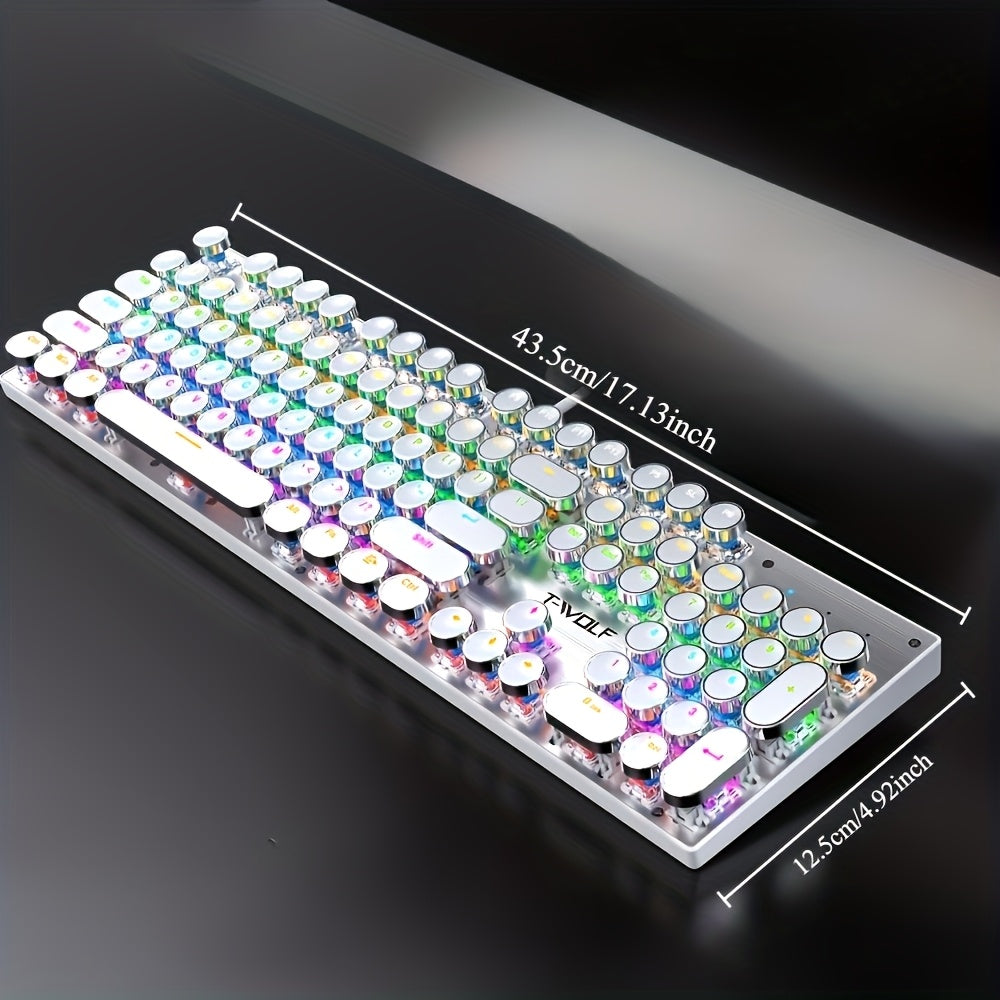 Retro-Style Wired Gaming Keyboard Featuring a Metal Top, 104 Keys with Round Keycaps, And 9 Different Lighting Modes, Suitable for Both Gaming And Office Use, No Batteries Needed