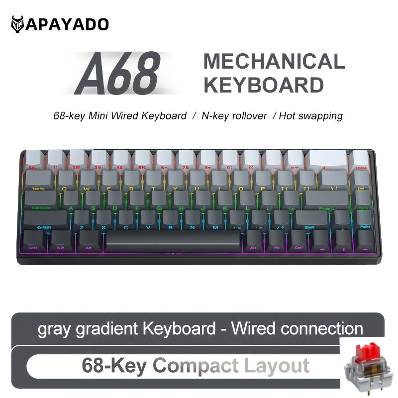 APAYADO A68 Mechanical Keyboard \u002F Compact 65% Layout \u002F Hot-Swappable 68-Key Design \u002F RGB Cool Lighting \u002F Suitable for Gamers \u002F Wired USB Connection