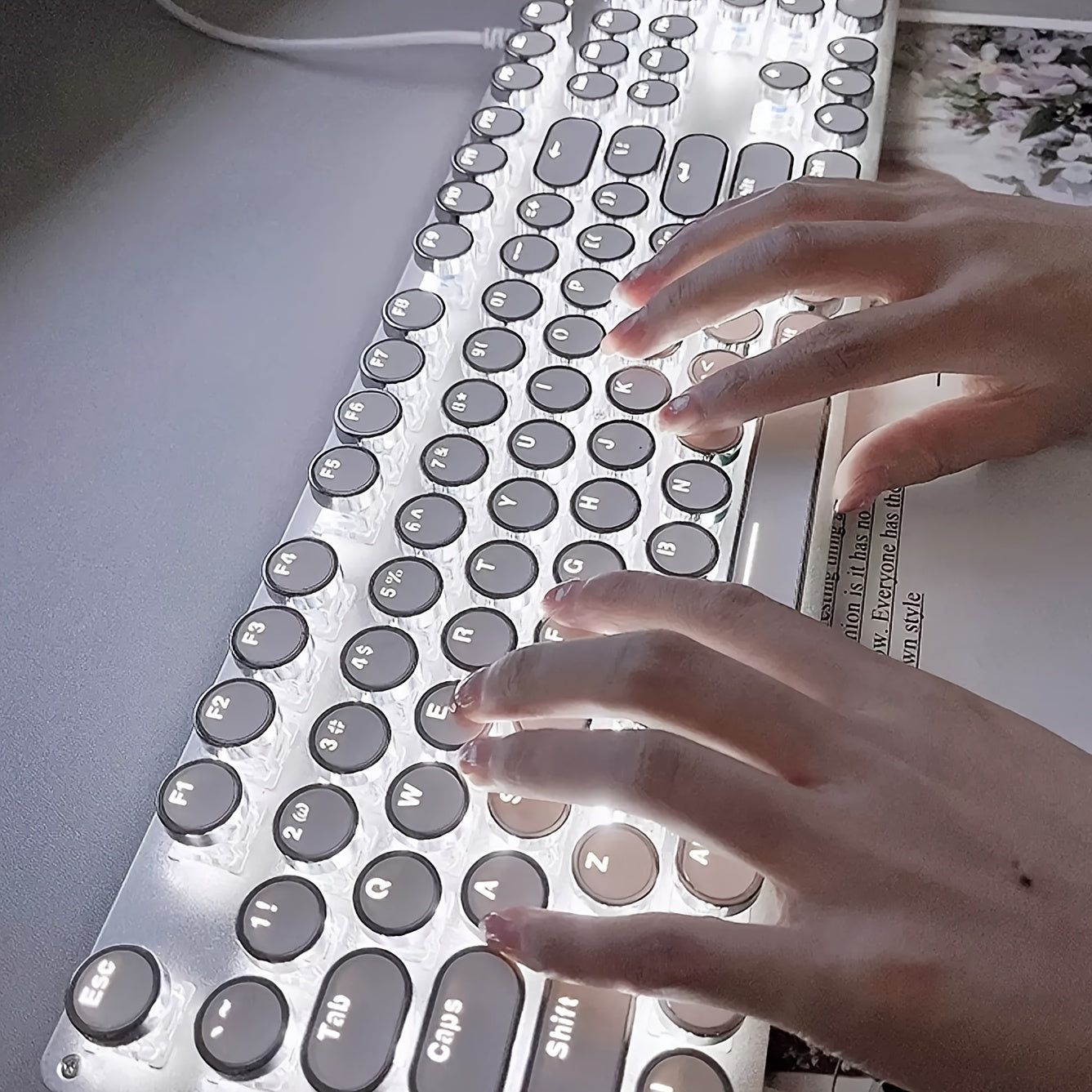 Premium Cyberpunk Mechanical Keyboard USB Cable, Retro Typewriter-style Mechanical Keyboard with 104 Keys Multi-function Knob with Responsive Operation Exceptional Tactile Feedback Compatible with Wired USB Desktops And Laptops