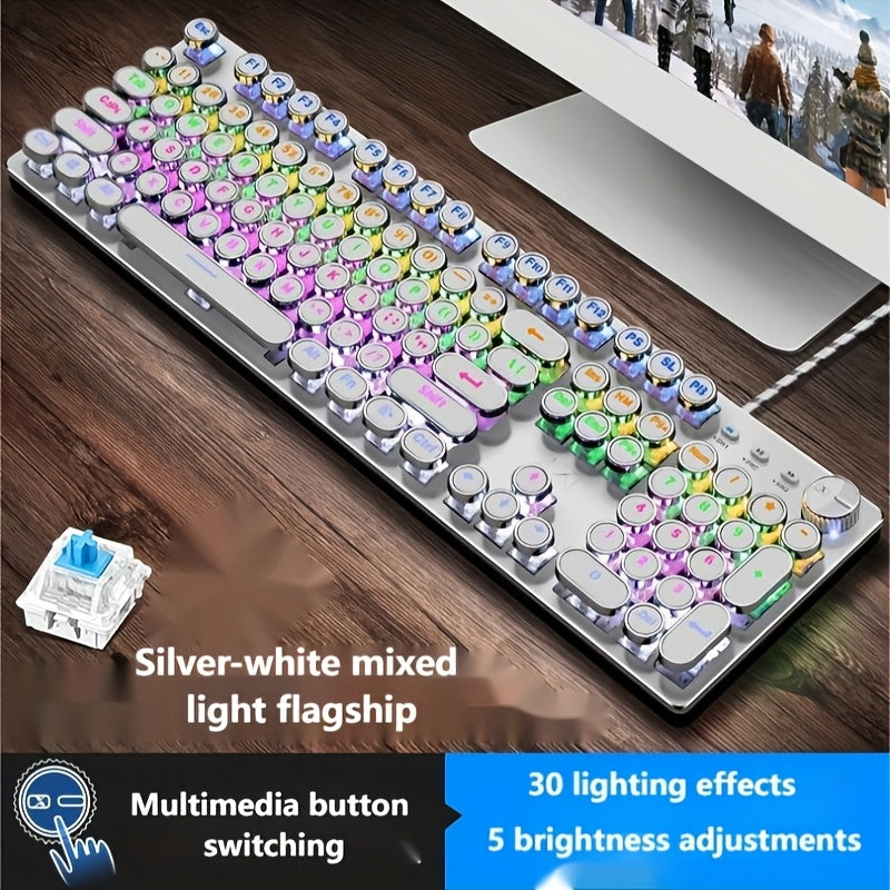 Premium Cyberpunk Mechanical Keyboard USB Cable, Retro Typewriter-style Mechanical Keyboard with 104 Keys Multi-function Knob with Responsive Operation Exceptional Tactile Feedback Compatible with Wired USB Desktops And Laptops