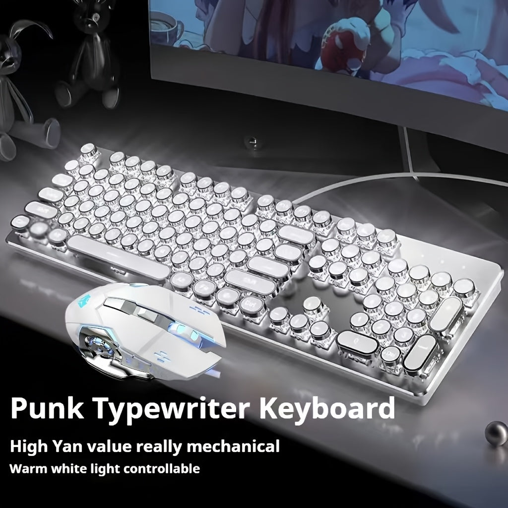 Typewriter Mechanical Gaming Keyboard And Mouse Combo | Full Metal Panel 104-Key Full-Size Numeric Keypad, Retro Punk Round Keycaps With Led Color Backlighting, Usb Wired Old-Style Keyboard, Windows Laptop Blue Switch (Blue) Christmas Gift