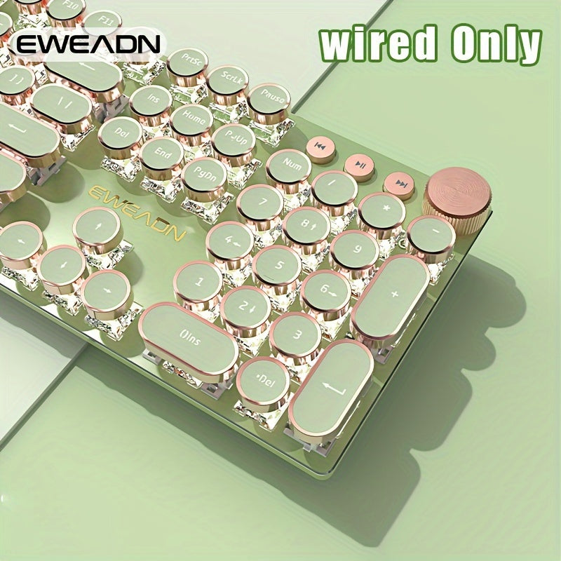 EWEADN Punk Typewriter Mechanical Gaming Keyboard, All-Metal Panel 104Keys Wired Retro Punk Round Keycaps with LED Backlit USB Wired Keyboards, Multimedia knob, Ergonomic Design for Game and Office, for Windows Laptop PC Green Peripherals