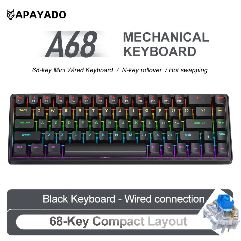 APAYADO A68 Mechanical Keyboard \u002F Compact 65% Layout \u002F Hot-Swappable 68-Key Design \u002F RGB Cool Lighting \u002F Suitable for Gamers \u002F Wired USB Connection