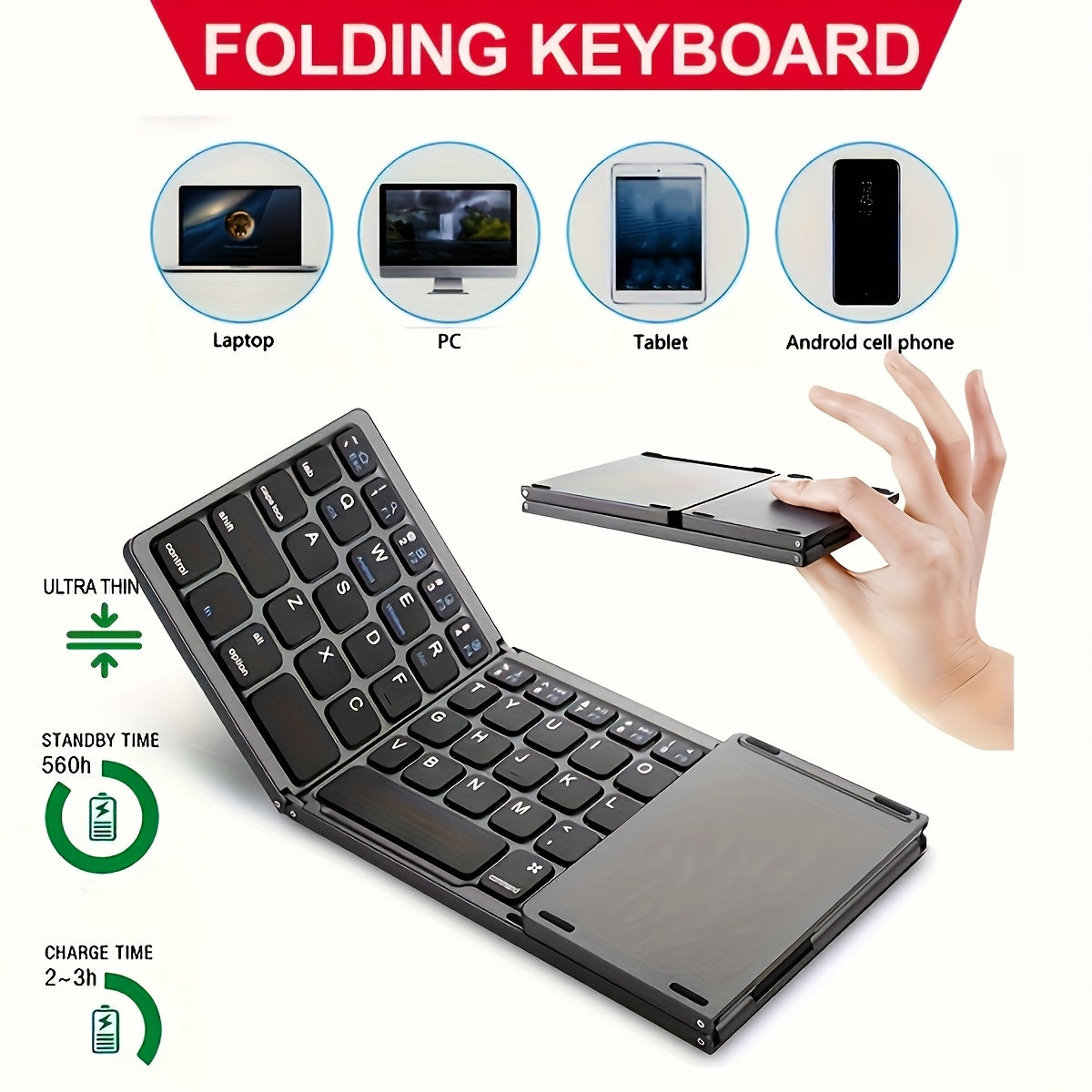 Slim And Lightweight Wireless Keyboard That Folds Into Three Parts - Includes a Touchpad, Charges Via USB, And Works with Android, Ios, Windows, And Mac - Features a Type-C Charging Port, Ideal for Office Use And Travel
