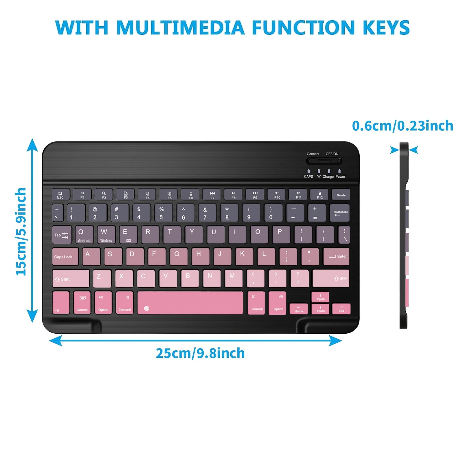 Ultra-Slim Rechargeable Wireless Keyboard | Compact Wireless Keyboard, 150mAh Battery, Compatible with Samsung Galaxy Tab, Android, Windows, Smartphones, IOS, IPad, Black Pink Gradient