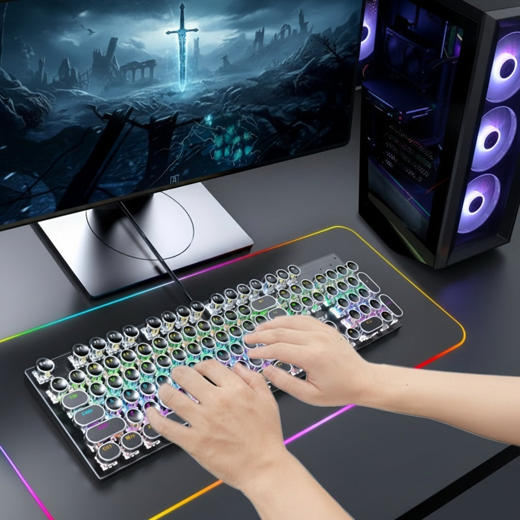 Retro-Style Wired Gaming Keyboard Featuring a Metal Top, 104 Keys with Round Keycaps, And 9 Different Lighting Modes, Suitable for Both Gaming And Office Use, No Batteries Needed