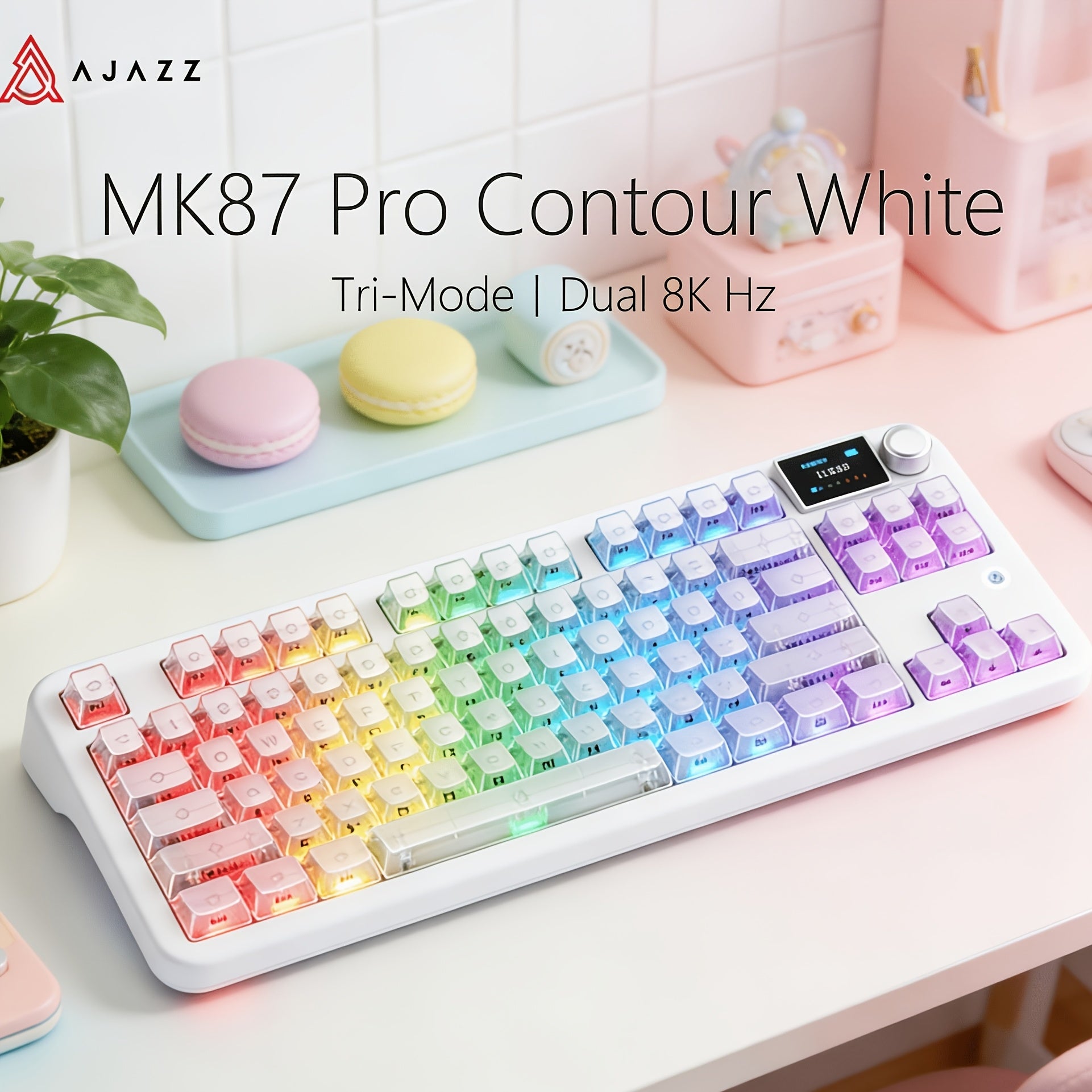 AJAZZ MK87 Pro (Dual 8K Edition)87-key Compact Layout, Soft And Bouncy Typing Feel 1.14-inch Pluggable TFT Color Screen + Metal Volume Knob Tri-mode Connection RGB Lighting Creates A Strong Ambient Effect Under The Transparent Keycaps