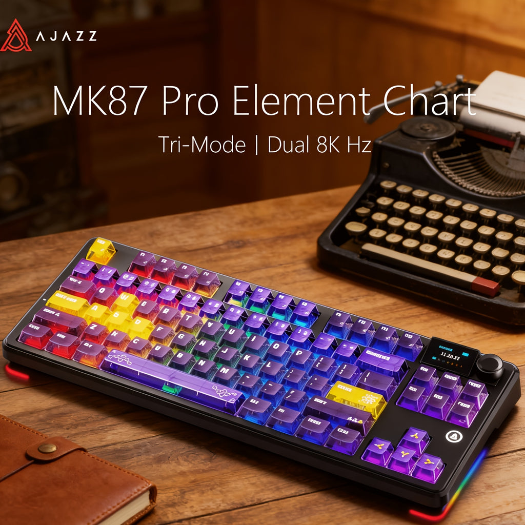 AJAZZ MK87 Pro (Dual 8K Edition)87-key Compact Layout, Soft And Bouncy Typing Feel 1.14-inch Pluggable TFT Color Screen + Metal Volume Knob Tri-mode Connection RGB Lighting Creates A Strong Ambient Effect Under The Transparent Keycaps