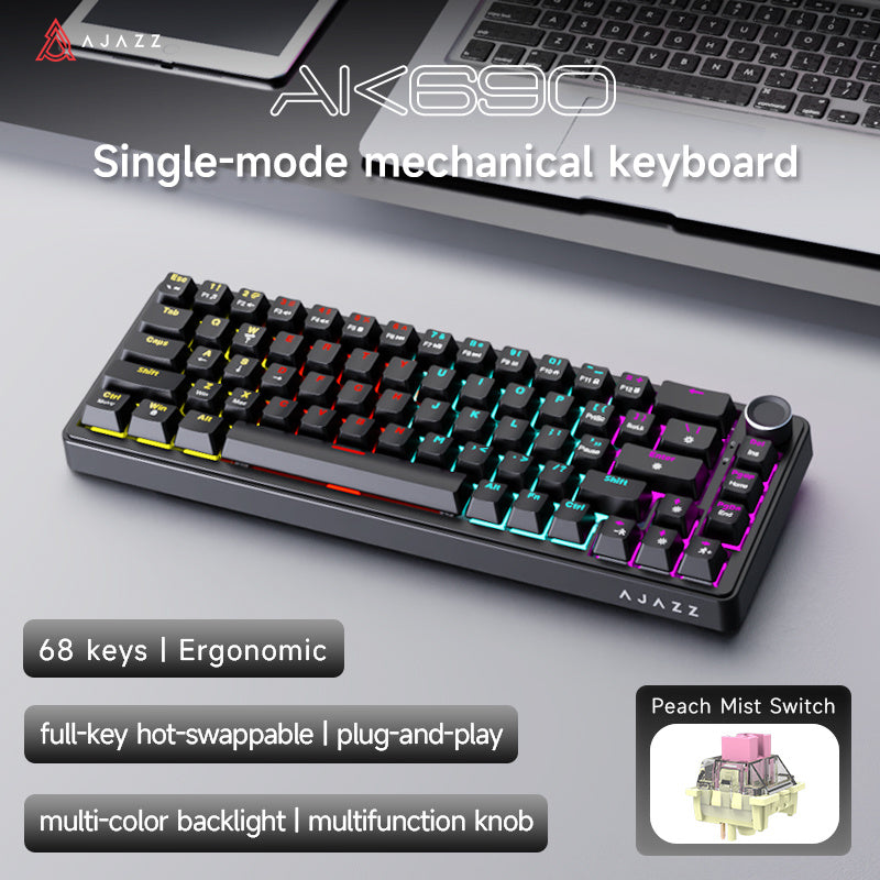 AJAZZ AK690 Mechanical Keyboard, Full Hot-Swappable, Multi-Function Metal Knob, Semi-Transparent Keycaps, Three-Axis Options