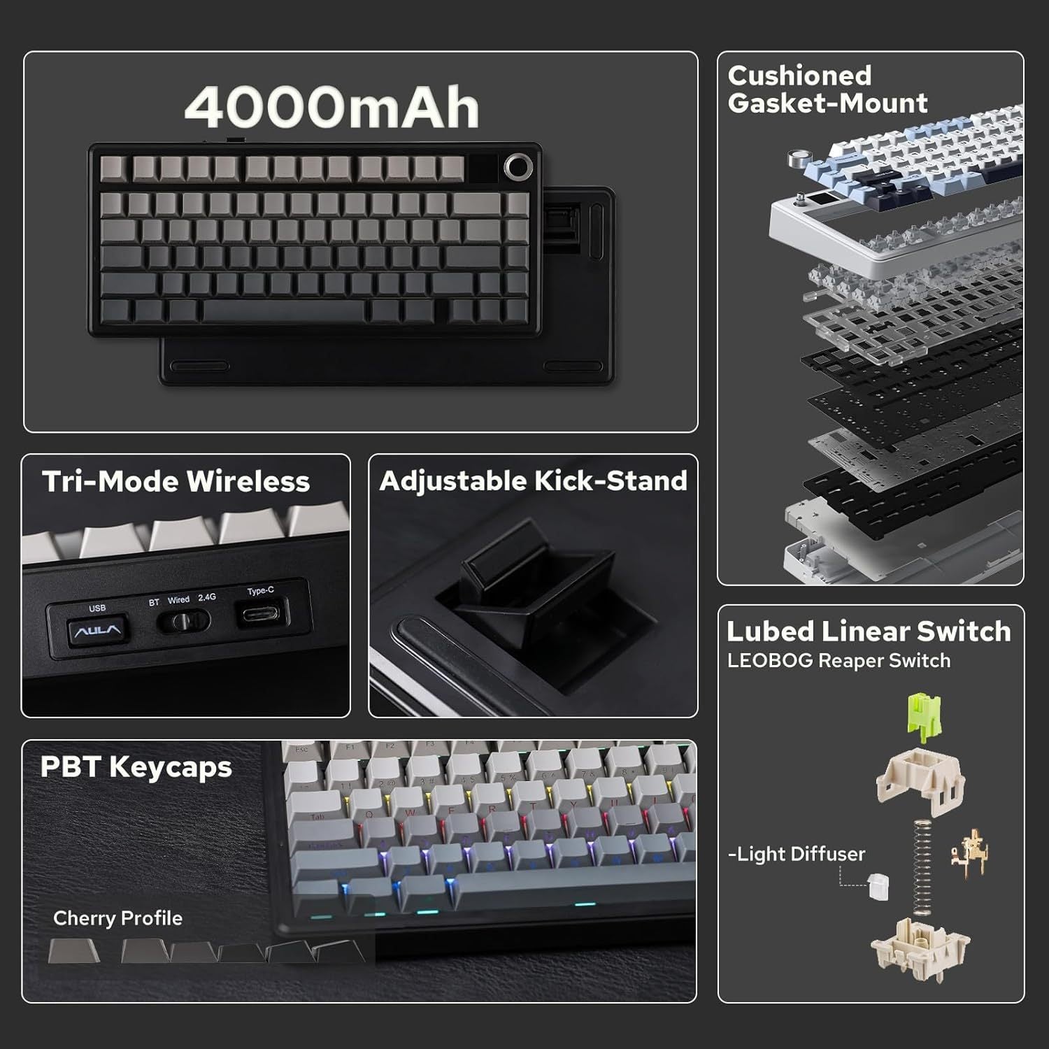 AULA Wireless Mechanical Gaming Keyboard with TFT Screen & Knob, 75% Hot Swappable Creamy Keyboard, RGB Backlit Teclado Mecanico, Tri-Mode Bluetooth\u002F2.4GHz\u002FUSB-C, Gasket Mount Gaming Keyboard for PC Mac Laptop Tablet