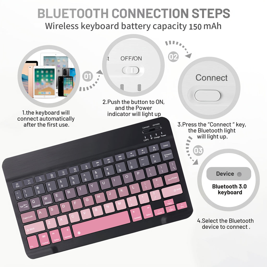 Ultra-Slim Rechargeable Wireless Keyboard | Compact Wireless Keyboard, 150mAh Battery, Compatible with Samsung Galaxy Tab, Android, Windows, Smartphones, IOS, IPad, Black Pink Gradient