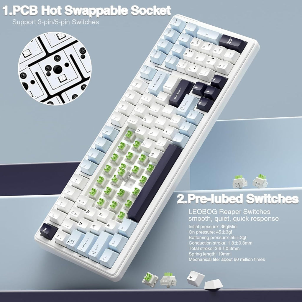 AULA F99 Mechanical Gaming Keyboard, 99 Keys, 2.4G Wireless & Wired Hot Swap, RGB Backlit, PBT Gasket, USB Rechargeable, for PC & Laptop, Typing-Optimized, Universal, Ideal Gift - Blue\u002FWhite