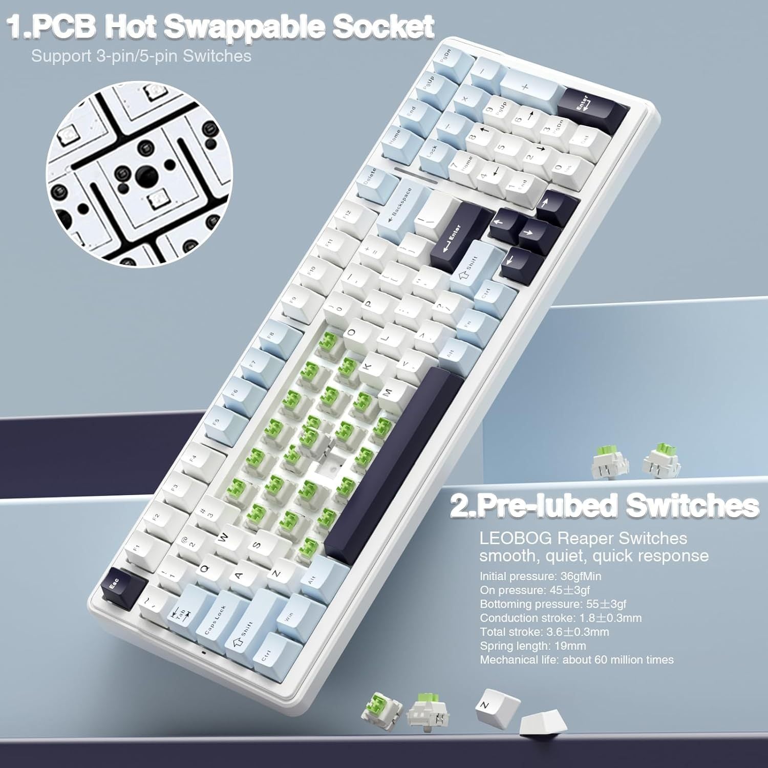 AULA F99 Mechanical Gaming Keyboard, 99 Keys, 2.4G Wireless & Wired Hot Swap, RGB Backlit, PBT Gasket, USB Rechargeable, for PC & Laptop, Typing-Optimized, Universal, Ideal Gift - Blue\u002FWhite
