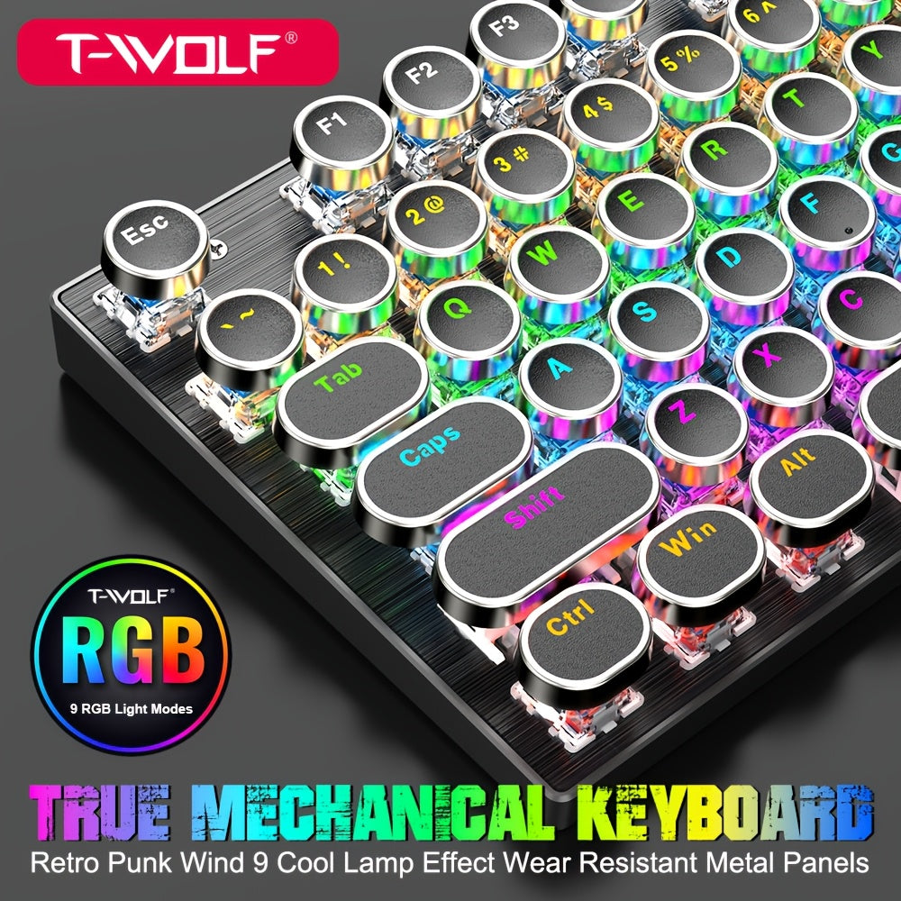 Retro-Style Wired Gaming Keyboard Featuring a Metal Top, 104 Keys with Round Keycaps, And 9 Different Lighting Modes, Suitable for Both Gaming And Office Use, No Batteries Needed