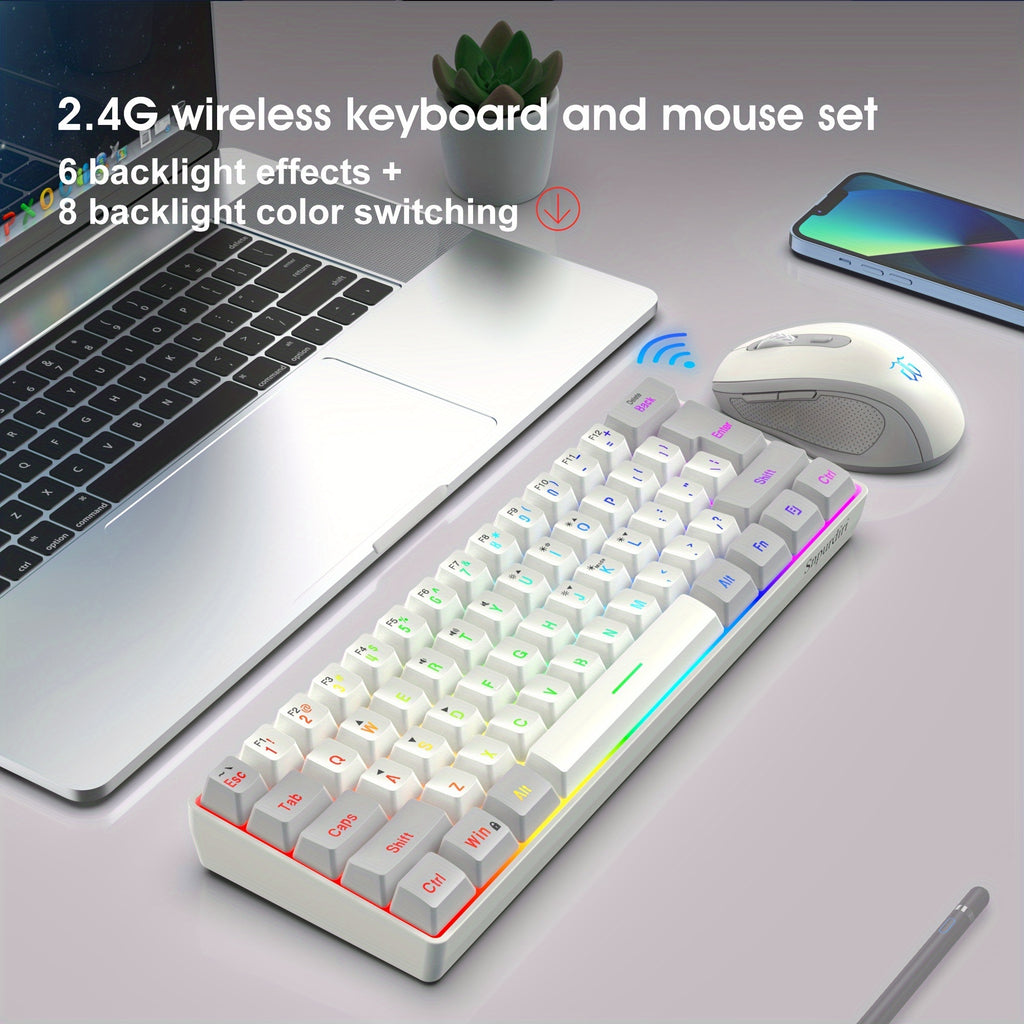 Snpurdiri 60% wireless game keyboard RGB lighting keyboard and 2.4 g wireless mouse combination, including 2.4 g mini mechanical touch keyboard, ergonomic design rechargeable