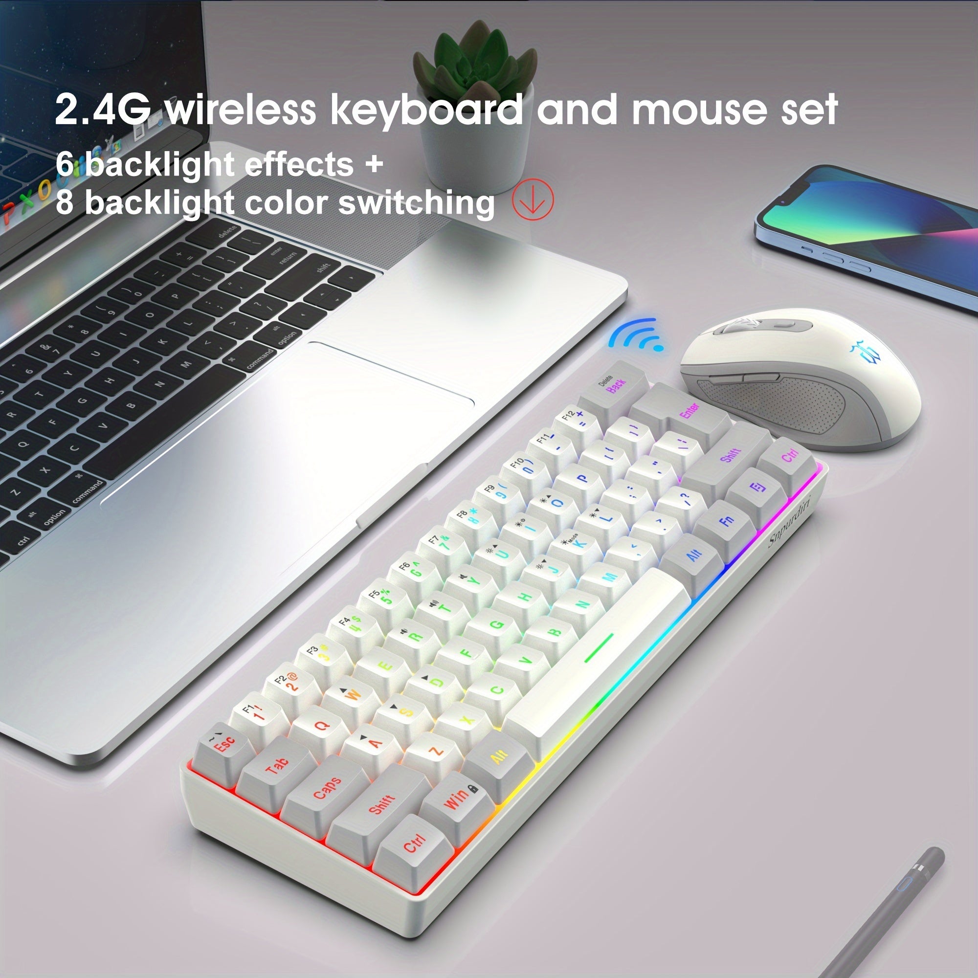 Snpurdiri 60% wireless game keyboard RGB lighting keyboard and 2.4 g wireless mouse combination, including 2.4 g mini mechanical touch keyboard, ergonomic design rechargeable