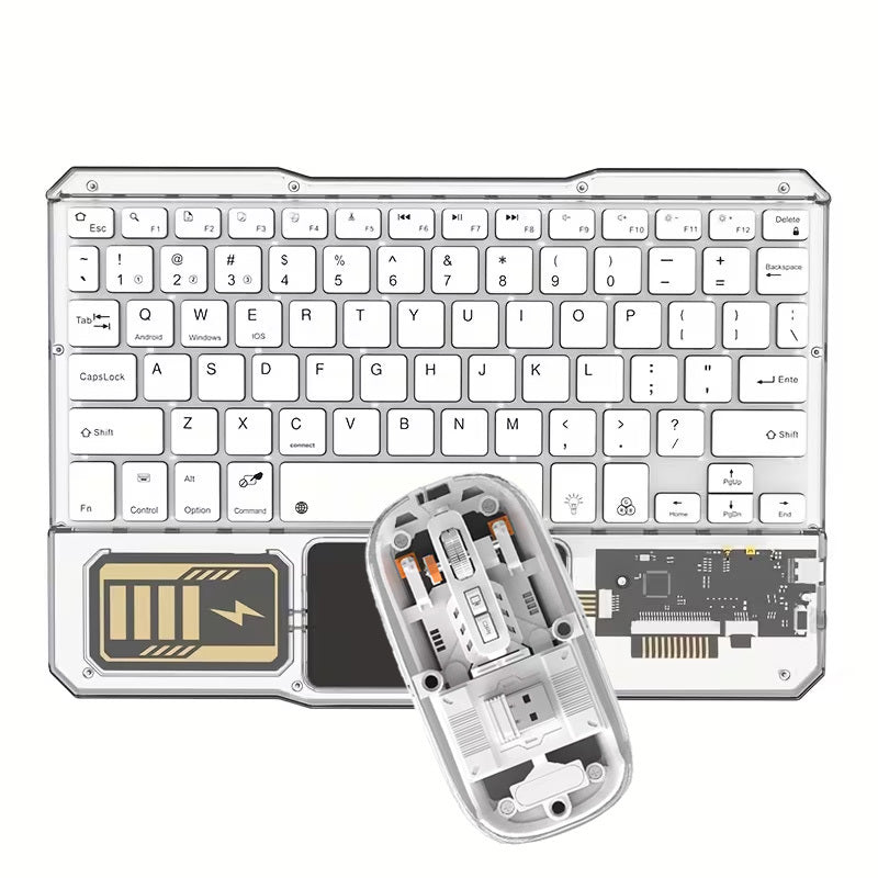 Mechanical Street Style Wireless Keyboard and Mouse That Features Transparent Acrylic Design, RGB Backlighting, And Multi-touch Touchpad.Support 10-inch Compact Mini Size with Triple-channel Connectivity.Simultaneously Pairs with Phone
