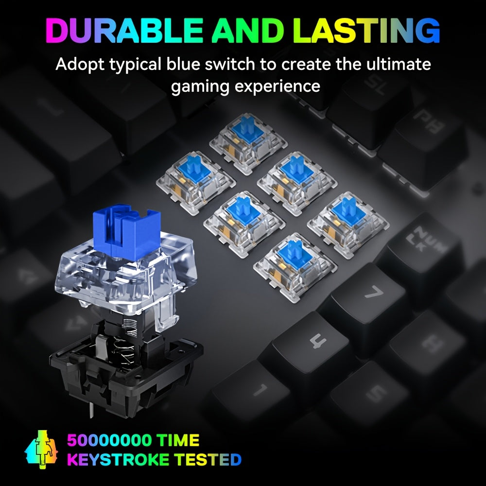 Gaming Mechanical Keyboard, Wired RGB Backlit, Metal Plate, Cherry MX Blue Switch, 104-Key Full-Size Layout, 26 Non-Conflict Keys, Laser-Engraved Keycaps