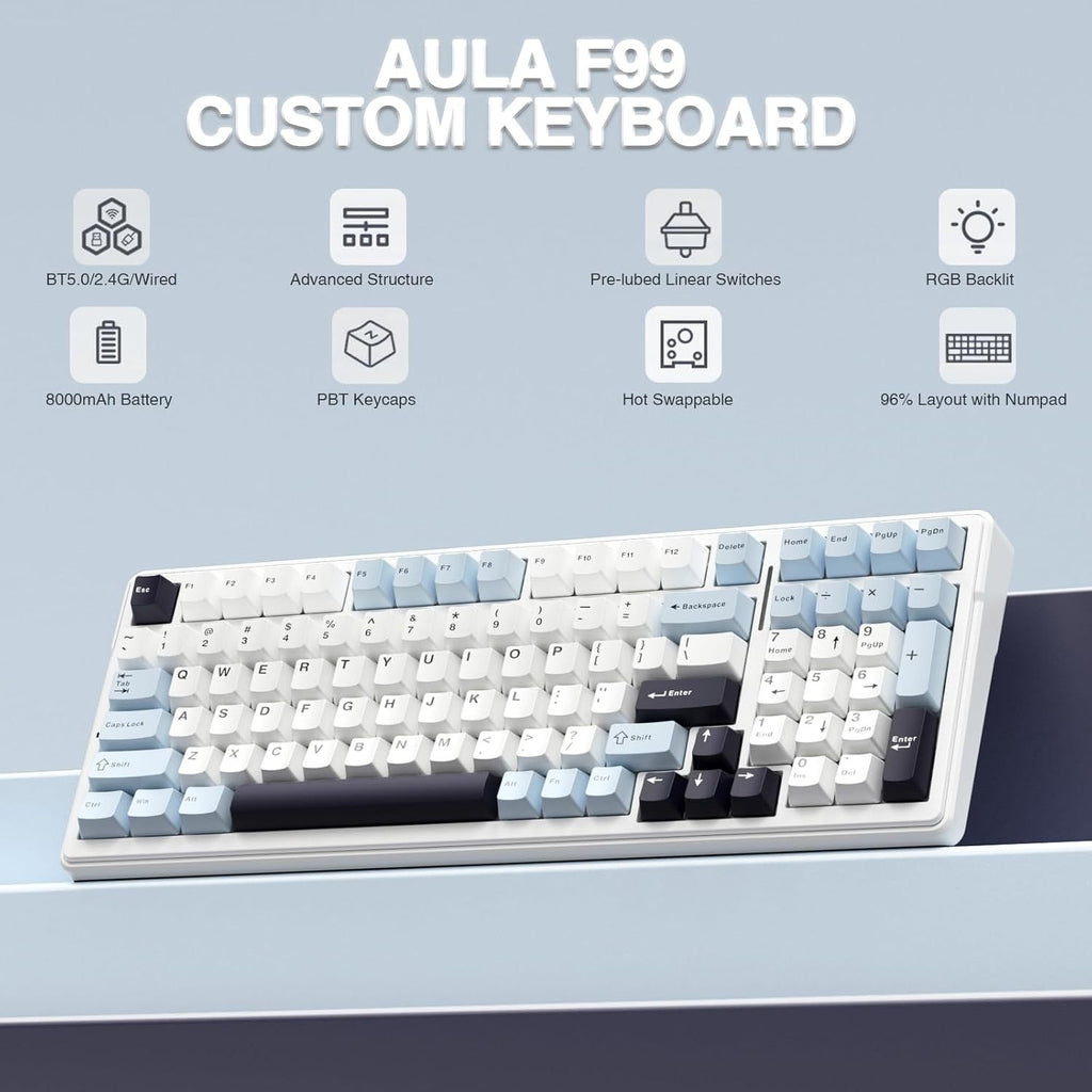AULA F99 Mechanical Gaming Keyboard, 99 Keys, 2.4G Wireless & Wired Hot Swap, RGB Backlit, PBT Gasket, USB Rechargeable, for PC & Laptop, Typing-Optimized, Universal, Ideal Gift - Blue\u002FWhite