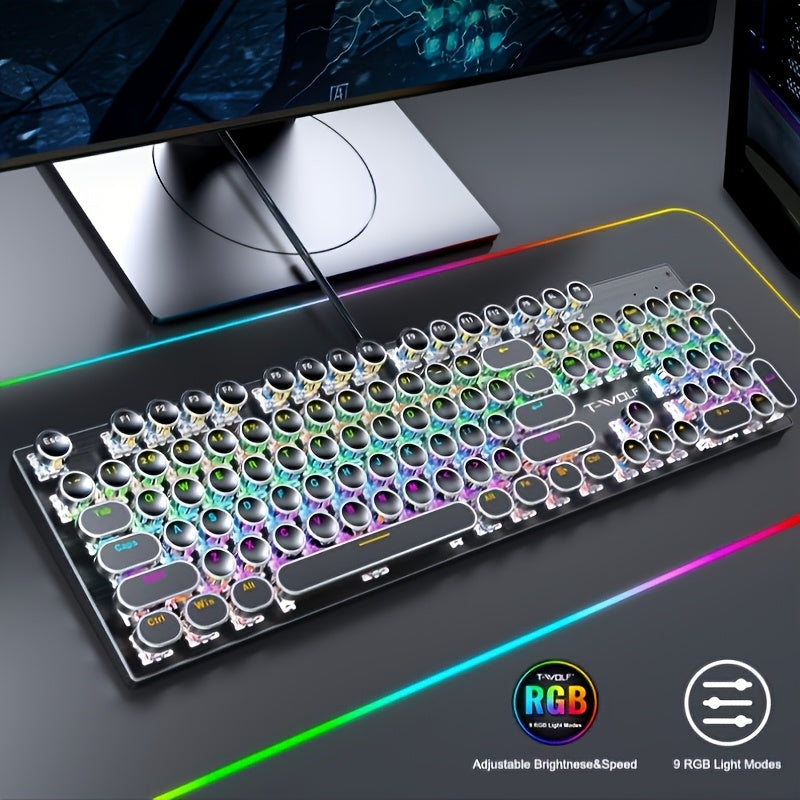 Retro-Style Wired Gaming Keyboard Featuring a Metal Top, 104 Keys with Round Keycaps, And 9 Different Lighting Modes, Suitable for Both Gaming And Office Use, No Batteries Needed