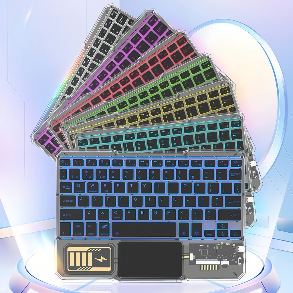 Mechanical Street Style Wireless Keyboard and Mouse That Features Transparent Acrylic Design, RGB Backlighting, And Multi-touch Touchpad.Support 10-inch Compact Mini Size with Triple-channel Connectivity.Simultaneously Pairs with Phone