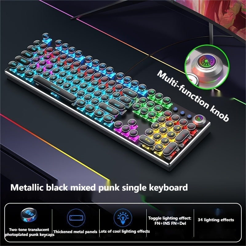 Premium Cyberpunk Mechanical Keyboard USB Cable, Retro Typewriter-style Mechanical Keyboard with 104 Keys Multi-function Knob with Responsive Operation Exceptional Tactile Feedback Compatible with Wired USB Desktops And Laptops