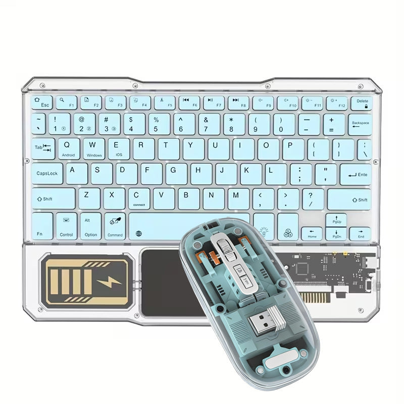 Mechanical Street Style Wireless Keyboard and Mouse That Features Transparent Acrylic Design, RGB Backlighting, And Multi-touch Touchpad.Support 10-inch Compact Mini Size with Triple-channel Connectivity.Simultaneously Pairs with Phone