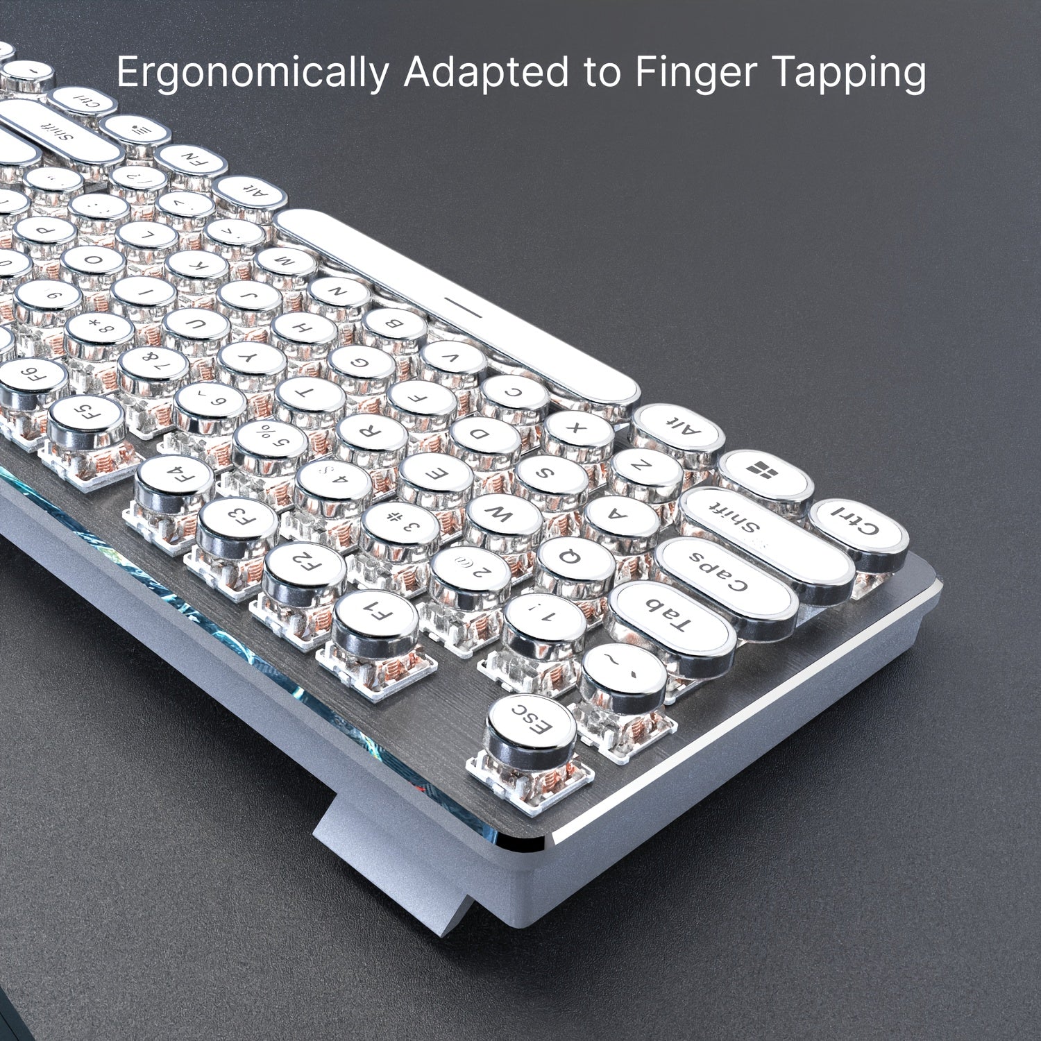 EWEADN Punk Typewriter Mechanical Gaming Keyboard • All-Metal Panel • 104Keys Wired • Punk Round Keycaps with LED Backlit • USB Wired Keyboards for Game and Office • for Windows Laptop PC • White Blue Switches