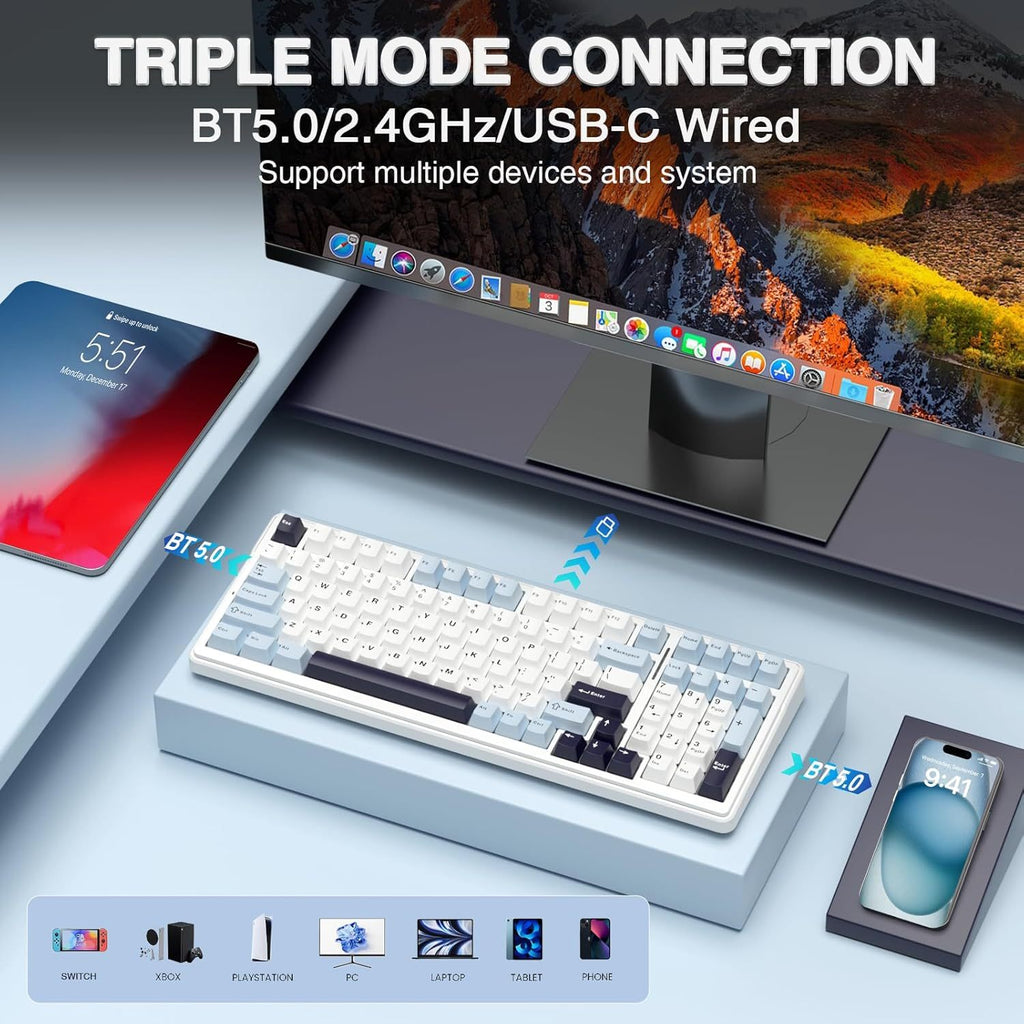 AULA F99 Mechanical Gaming Keyboard, 99 Keys, 2.4G Wireless & Wired Hot Swap, RGB Backlit, PBT Gasket, USB Rechargeable, for PC & Laptop, Typing-Optimized, Universal, Ideal Gift - Blue\u002FWhite