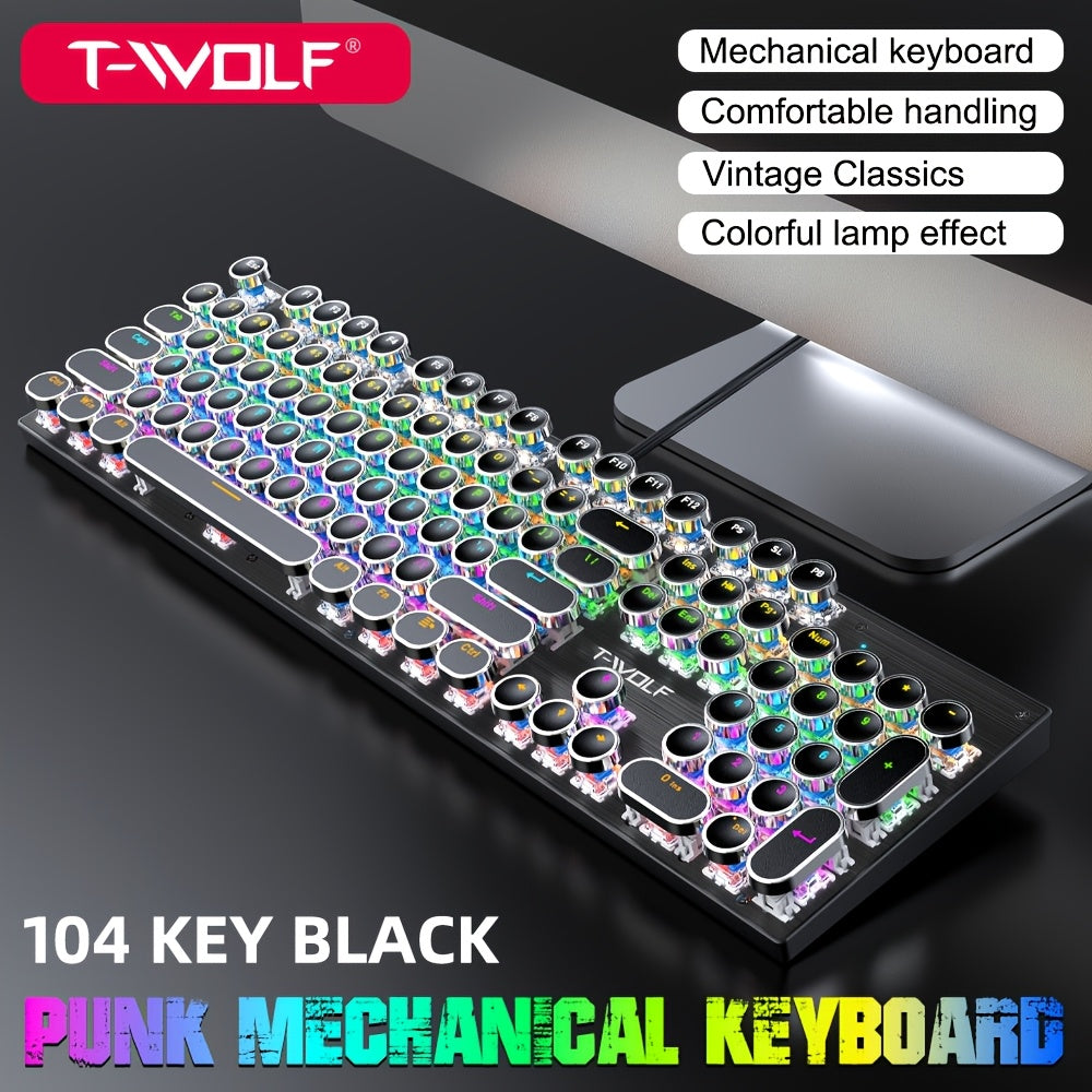 Retro-Style Wired Gaming Keyboard Featuring a Metal Top, 104 Keys with Round Keycaps, And 9 Different Lighting Modes, Suitable for Both Gaming And Office Use, No Batteries Needed
