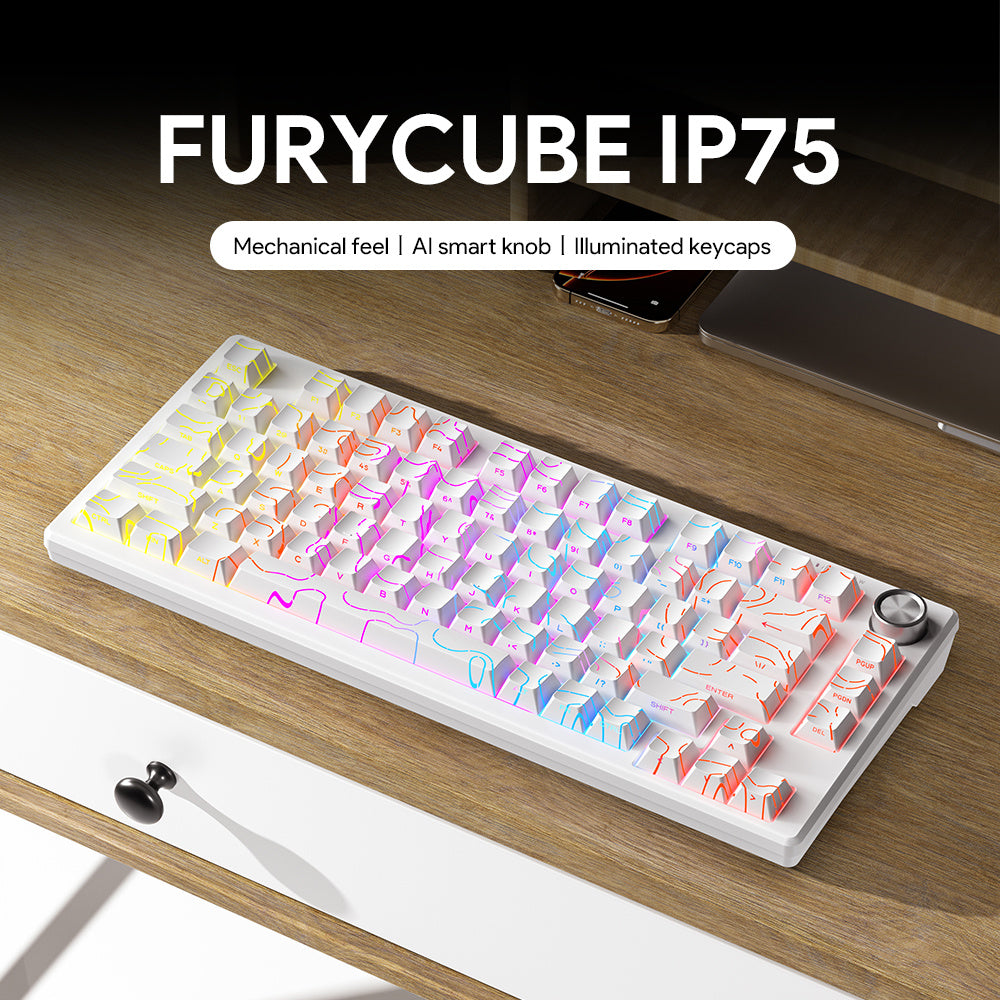 FURYCUBE IP75 Sealed Mechanical Keyboard with Knob, 75% USB-C Gaming Keyboard, Five-Layer Thickened Padding, RGB Lighting, 5000Mah Battery, Hot-Swappable Side-Printed PBT Keycaps (Black Gradient) Holiday Gift
