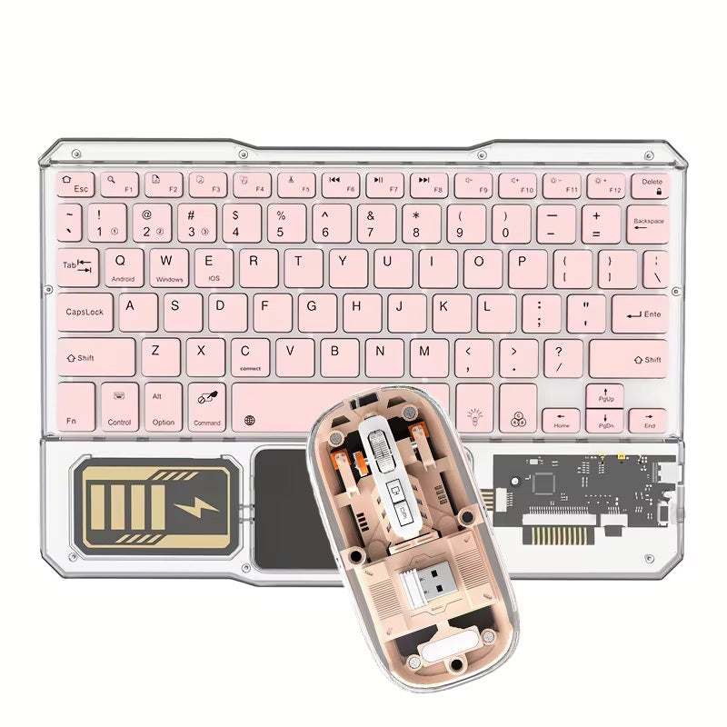 Mechanical Street Style Wireless Keyboard and Mouse That Features Transparent Acrylic Design, RGB Backlighting, And Multi-touch Touchpad.Support 10-inch Compact Mini Size with Triple-channel Connectivity.Simultaneously Pairs with Phone