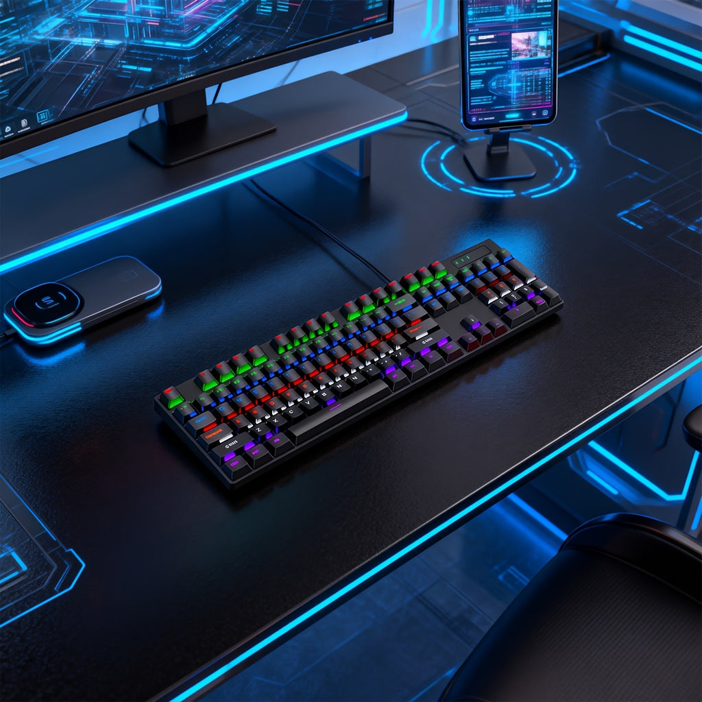 Gaming Mechanical Keyboard, Wired RGB Backlit, Metal Plate, Cherry MX Blue Switch, 104-Key Full-Size Layout, 26 Non-Conflict Keys, Laser-Engraved Keycaps