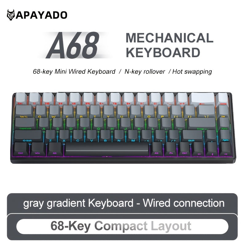 APAYADO A68 Mechanical Keyboard \u002F Compact 65% Layout \u002F Hot-Swappable 68-Key Design \u002F RGB Cool Lighting \u002F Suitable for Gamers \u002F Wired USB Connection