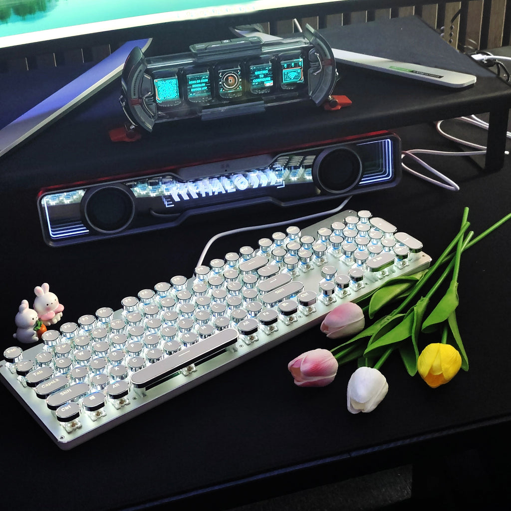 EWEADN Punk Typewriter Mechanical Gaming Keyboard • All-Metal Panel • 104Keys Wired • Punk Round Keycaps with LED Backlit • USB Wired Keyboards for Game and Office • for Windows Laptop PC • White Blue Switches
