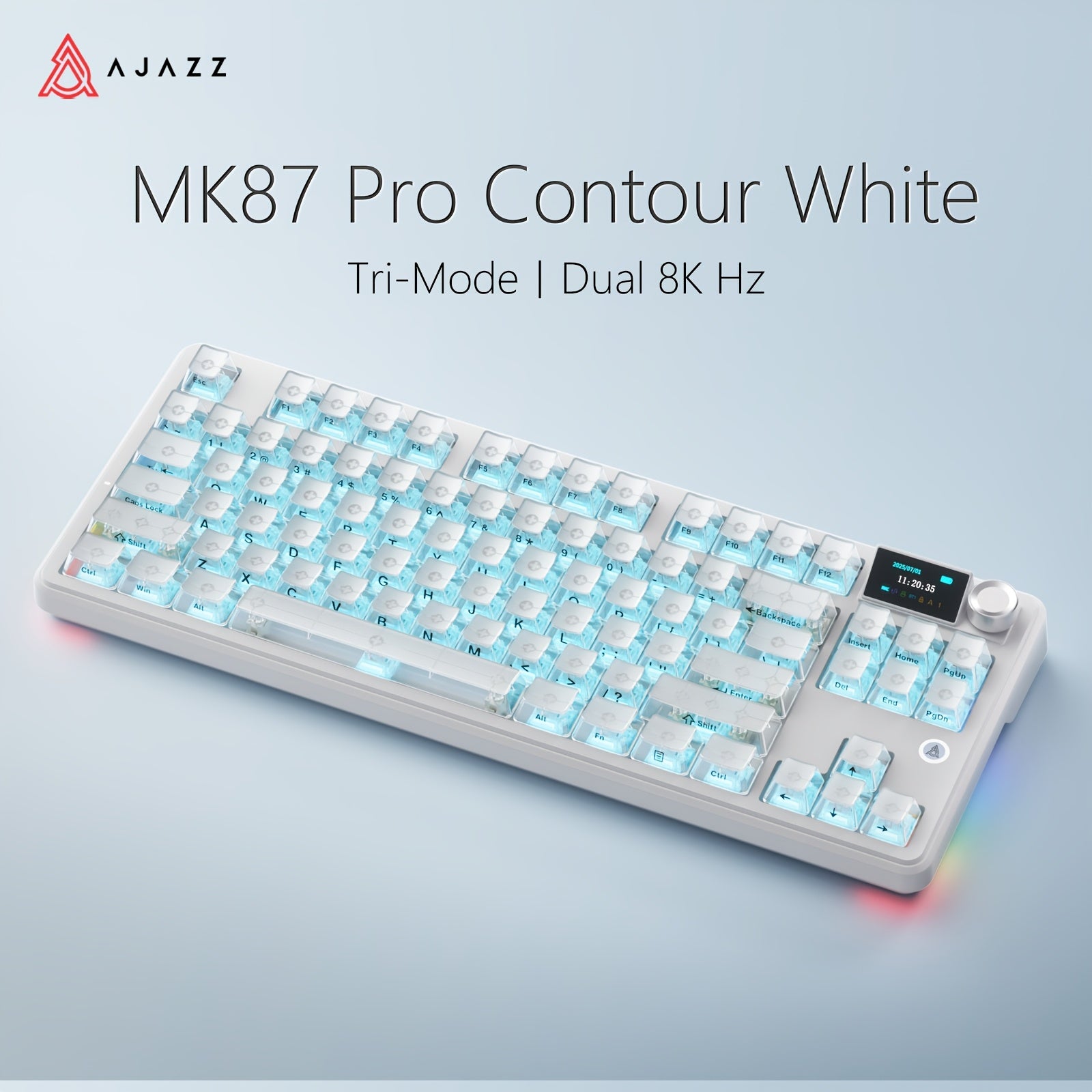 AJAZZ MK87 Pro (Dual 8K Edition)87-key Compact Layout, Soft And Bouncy Typing Feel 1.14-inch Pluggable TFT Color Screen + Metal Volume Knob Tri-mode Connection RGB Lighting Creates A Strong Ambient Effect Under The Transparent Keycaps