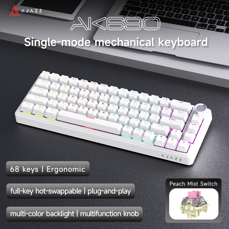 AJAZZ AK690 Wired  Mechanical Keyboard, Full Hot-Swappable Keys, Multi-Function Metal Knob, Plug-and-Play Wired Connection. Matte Texture Keycaps. Adjustable Dual-Layer Wrist Rest. Multicolor Backlighting